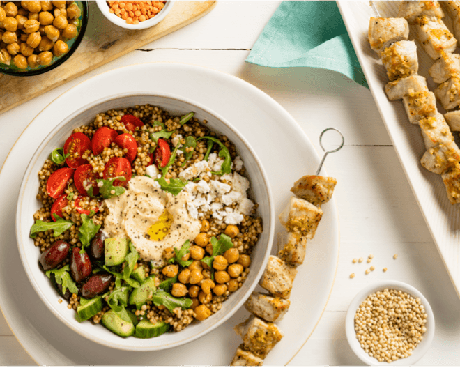 Mediterranean Grain  Bowl with Pork  Skewers