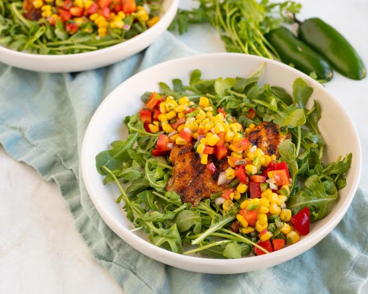 Grilled Tilapia with Crunchy Corn Salsa & Arugula